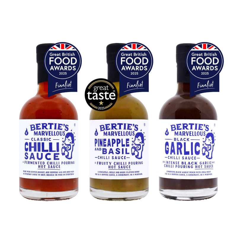 All THREE Bertie's Marvellous Chilli Sauces are Great British Food Award Finalists